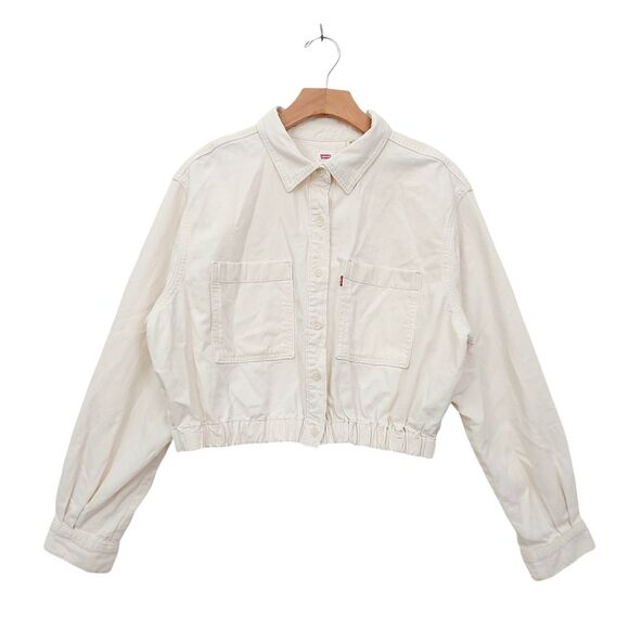 Levi's Crop Shirt Jacket Womens Large Beige Cinched Waistband Button Up Cotton - Picture 1 of 12